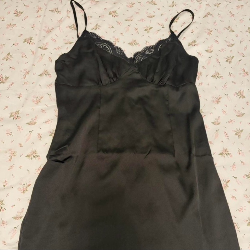 Princess Polly Black Satin Lace Mini Dress Slip Dress Size 4 (AU 8) Y2K